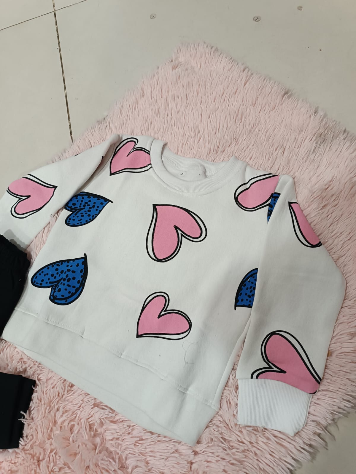 WHITE WITH PINK & BLACK HEARTS PRINTED SWEATSHIRT WITH BLACK TROUSER FOR KIDS