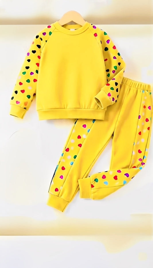 YELLOW & BLACK WITH MULTI HEART KIDS WINTER TRACKSUIT