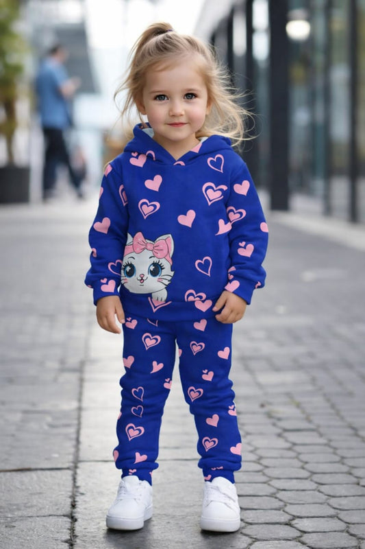 KIDS PRINTED KITTY STYLE WINTER HOODED TRACKSUIT