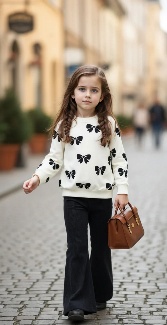 WHITE WITH BLACK BOW PRINTED TRACK SUIT FOR KIDS