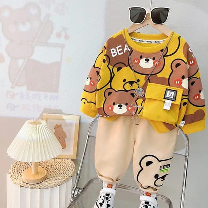 Bear pocket Printed Sweatshirt With Trouser For Kids Yellow