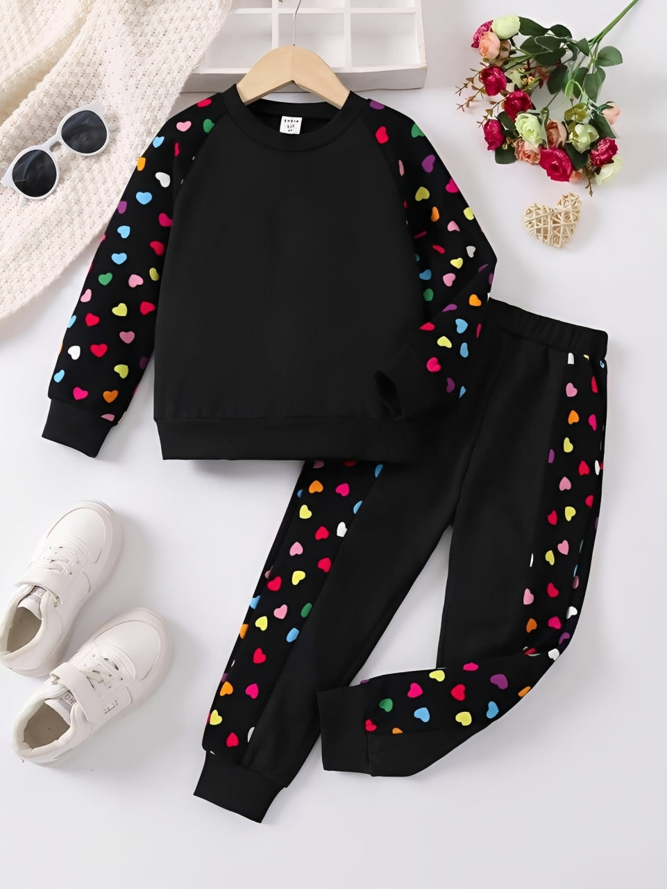 YELLOW & BLACK WITH MULTI HEART KIDS WINTER TRACKSUIT