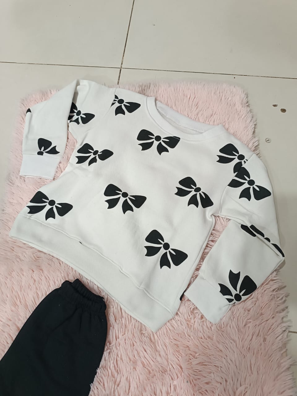 WHITE WITH BLACK BOW PRINTED TRACK SUIT FOR KIDS