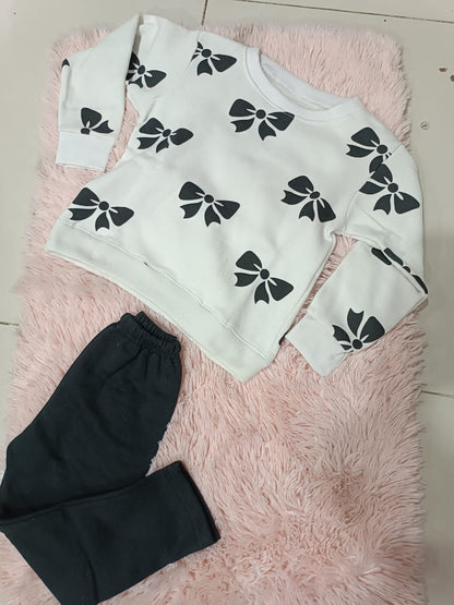 WHITE WITH BLACK BOW PRINTED TRACK SUIT FOR KIDS