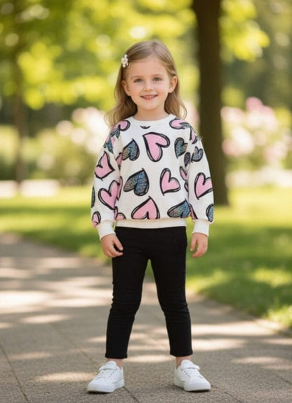 WHITE WITH PINK & BLACK HEARTS PRINTED SWEATSHIRT WITH BLACK TROUSER FOR KIDS