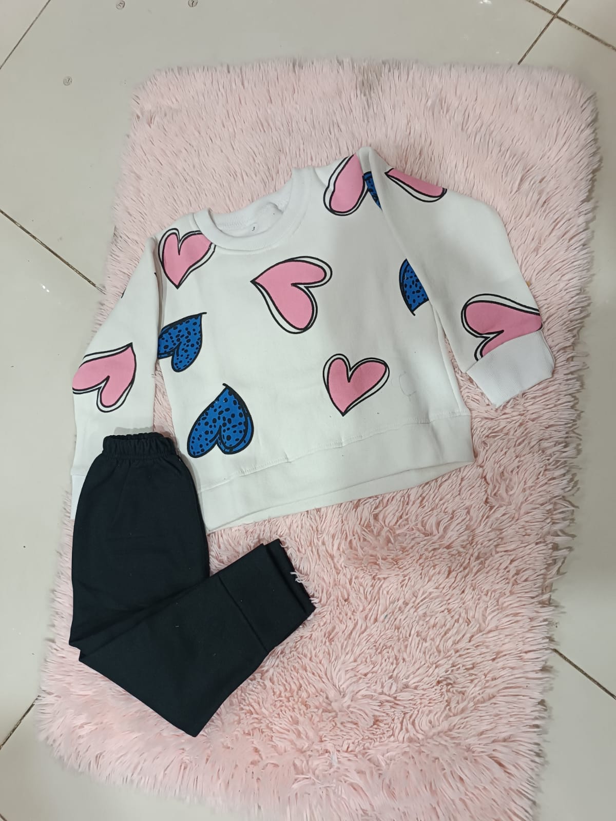 WHITE WITH PINK & BLACK HEARTS PRINTED SWEATSHIRT WITH BLACK TROUSER FOR KIDS