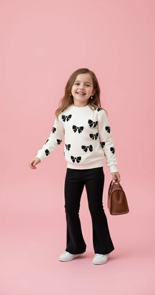 WHITE WITH BLACK BOW PRINTED TRACK SUIT FOR KIDS
