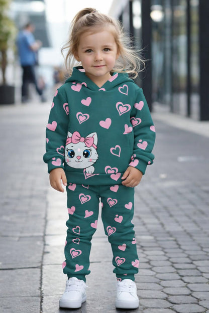 KIDS PRINTED KITTY STYLE WINTER HOODED TRACKSUIT