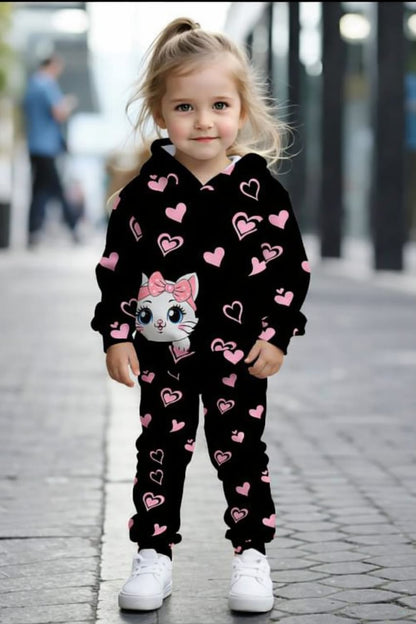 KIDS PRINTED KITTY STYLE WINTER HOODED TRACKSUIT