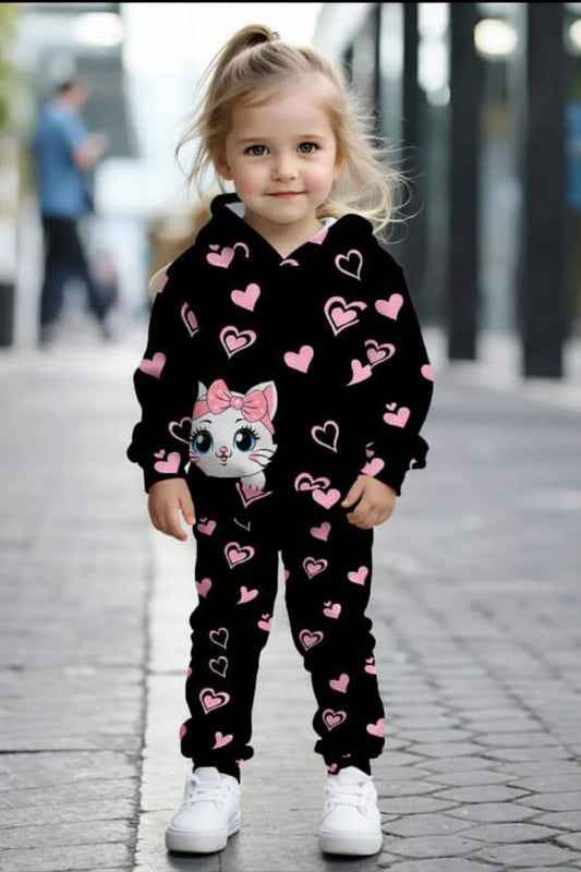KIDS PRINTED KITTY STYLE WINTER HOODED TRACKSUIT