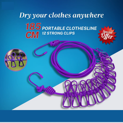 Portable Clothesline 185CM with 12pcs Clips for Home Backyard Hotel Balcony Clothes Drying Line, Outdoor Indoor Use