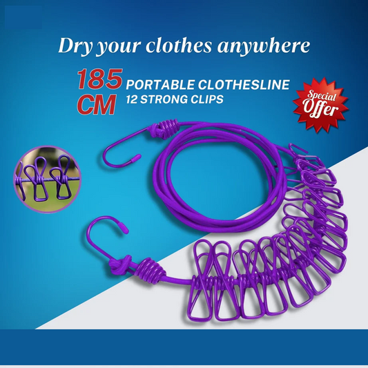 Portable Clothesline 185CM with 12pcs Clips for Home Backyard Hotel Balcony Clothes Drying Line, Outdoor Indoor Use