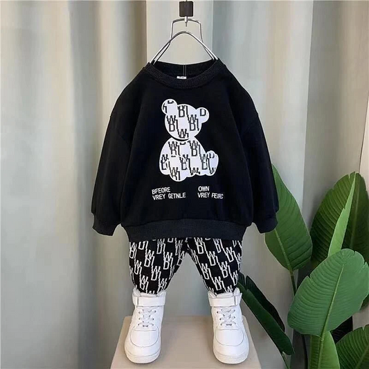 BLACK BEAR PRINTED SWEATSHIRT AND BLACK PRINTED TROUSER KIDS TRACK SUIT