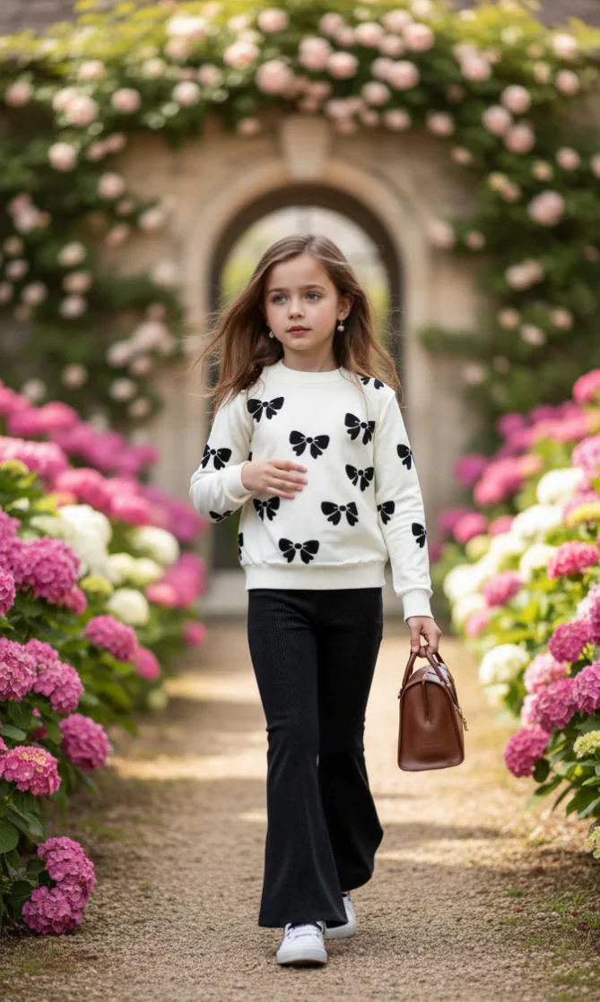 WHITE WITH BLACK BOW PRINTED TRACK SUIT FOR KIDS