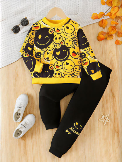 YELLOW & BLACK EMOJI PRINTED WINTER KIDS SWEAT SUIT